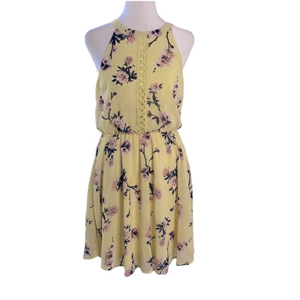 Blue Rain Floral Chiffon & Crochet Racerback Dress | Yellow w/ Pink Flowers | S